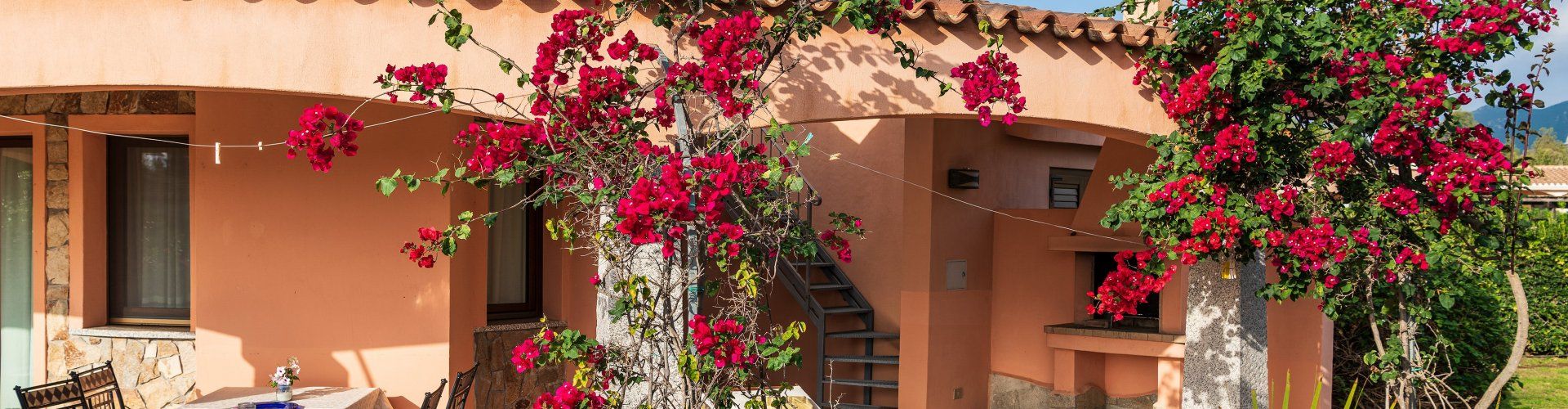 Villa Daniele | Aussenansicht vom Haus mit blühenden Bougainville vor der überdachten Terrasse Aussenansicht vom Haus