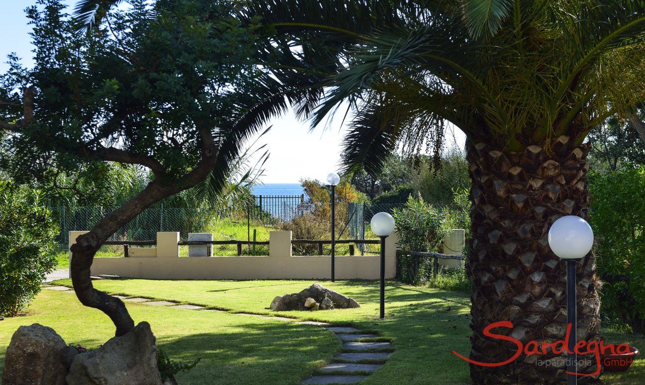 Villa Gaia | Großer Palmengarten vor dem Haus mit Blick aufs Meer und Tor zum Strand Großer Palmengarten vor dem Haus