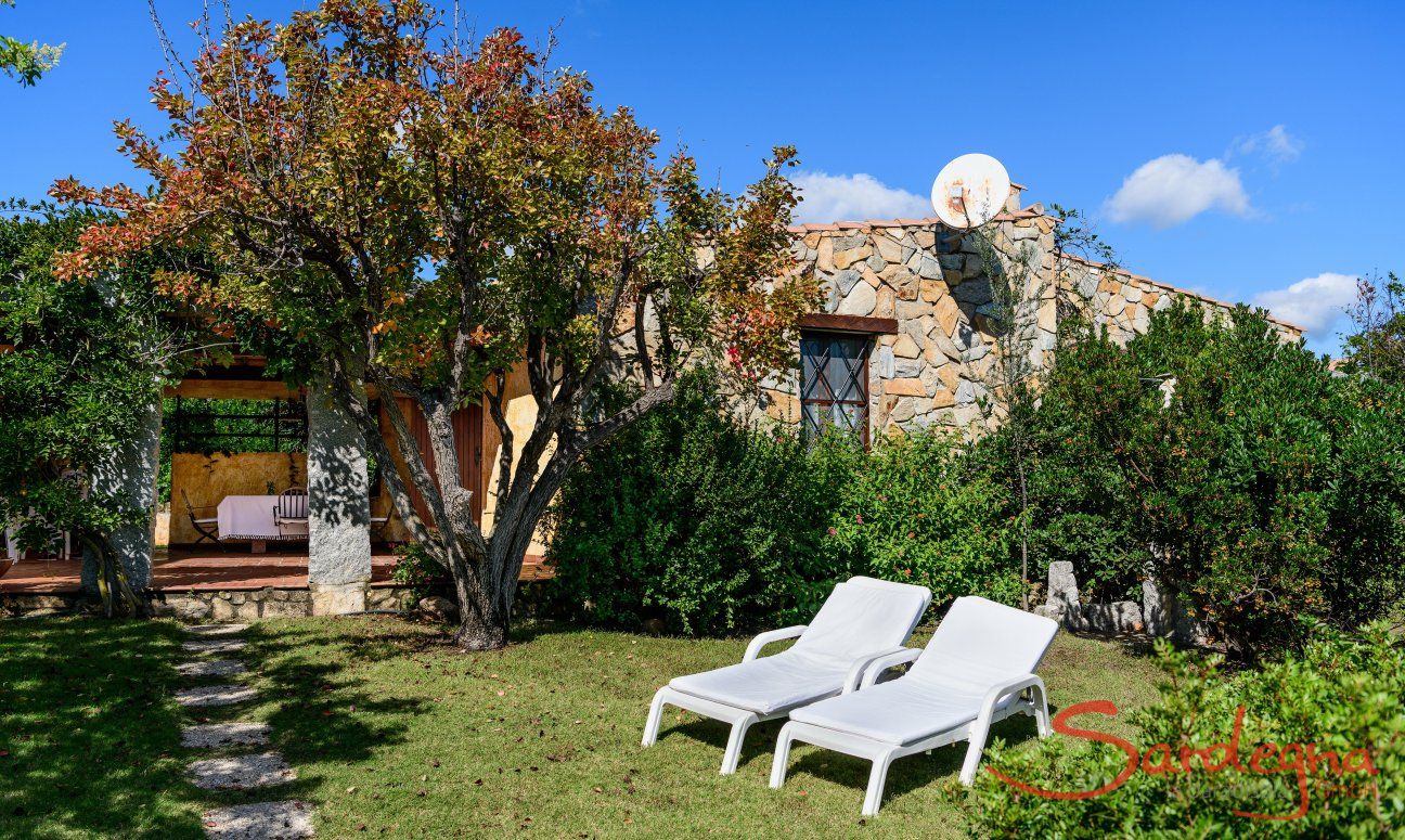 Garten mit Sonnenliegen und Hauseingang zur Meloni 2 in Sant Elmo