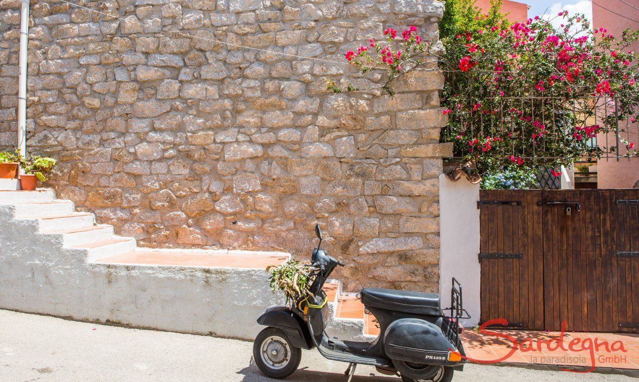 Vespa vor einem Steinhaus und blèhemdem Oleander in Santa Teresa di Gallura