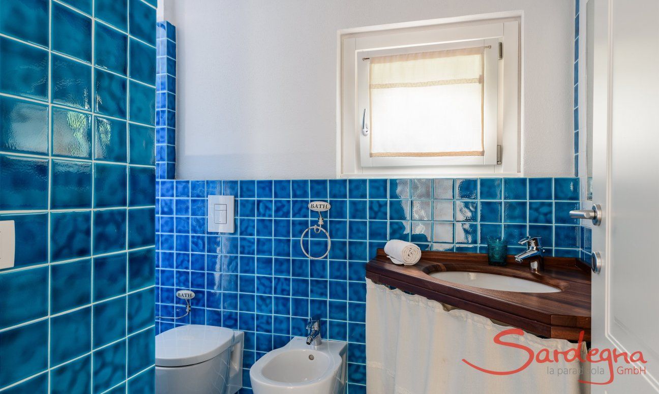 Li Conchi 30 | Blau gekacheltes Bad 2 mit Waschbecken, Toilette, WC, Dusche und Fenster Hausdarstellung von Li Conchi 30