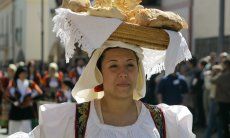 Frau in sardischer Tracht, die auf traditionelle Art einen Korb mit Festtagsbrot auf dem Kopf trägt