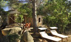 Porto S. Paolo | Sonnenliegen unter Pinien vor einem der Ferienhäuser in Porto Taverna Garten