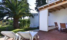 Villa Gaia | Gemütliche Sonnenliegen auf der Terrasse bieten einen Blick in den grünen Palmengarten Terrasse