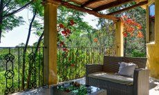 Loungebereich auf der mit grün umgebenen Terrasse 