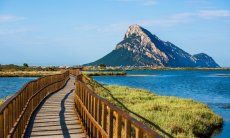 Steg über die Lagune von Porto Taverna mit der Insel Tavolara im Hintergrund