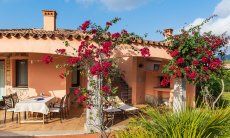 Villa Daniele | Aussenansicht vom Haus mit blühenden Bougainville vor der überdachten Terrasse Aussenansicht vom Haus