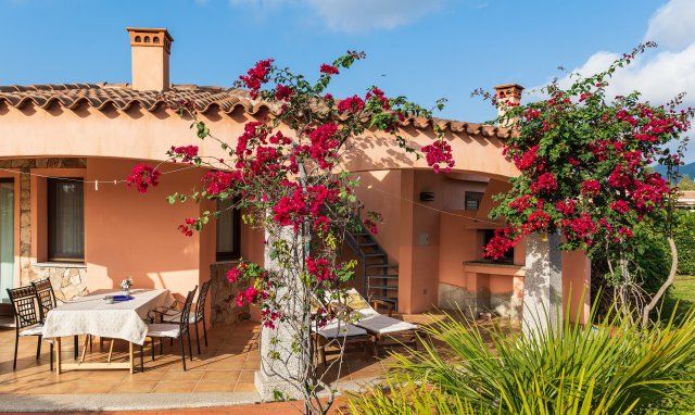 Villa Daniele | Aussenansicht vom Haus mit blühenden Bougainville vor der überdachten Terrasse Aussenansicht vom Haus